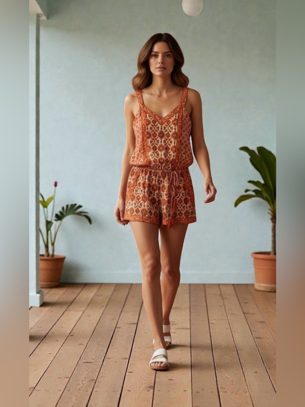 Joie Floral Print Romper-Copper/Rust/White Colors